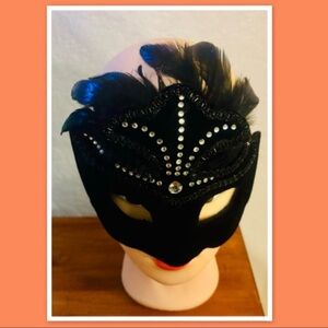 Black Velvet Bedazzled Feathered Masquerade Mask